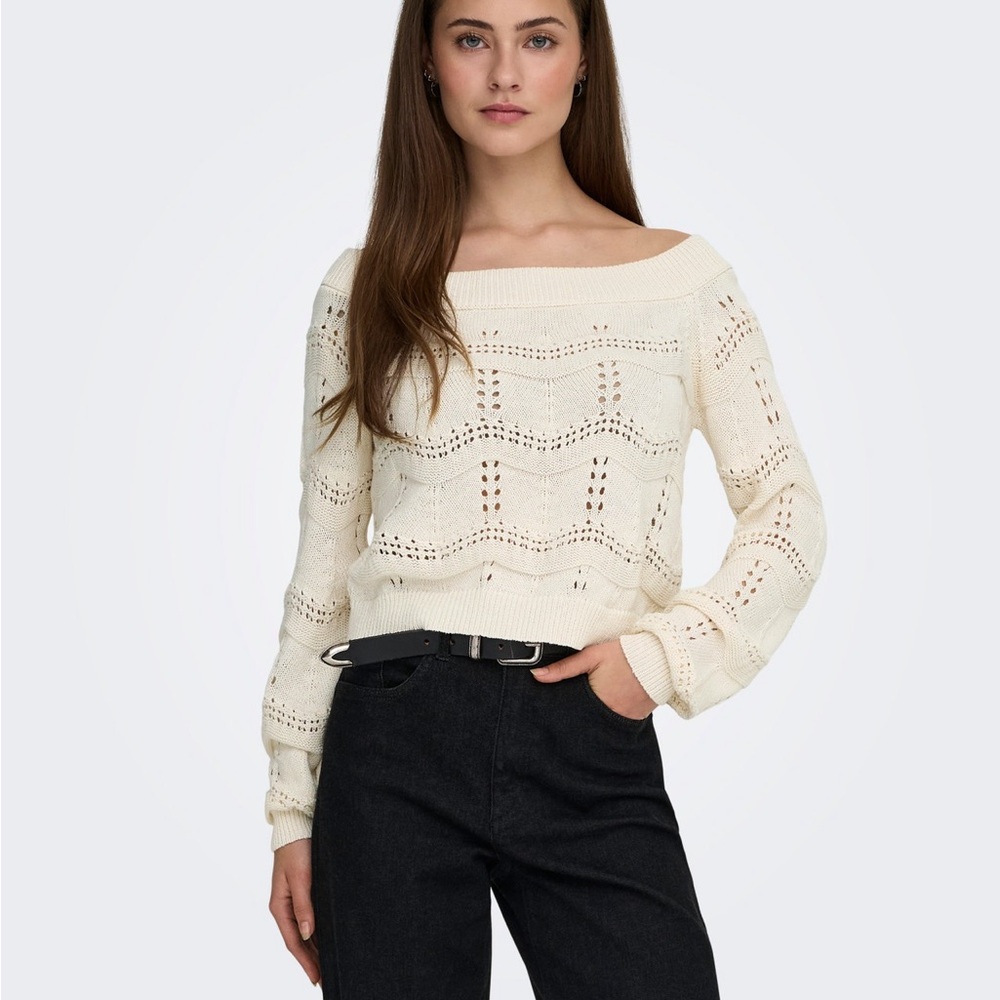 ONLY Off-the-shoulder Cream White Knitted Sweater Boat Neck Cold Sjoulder M 8 10